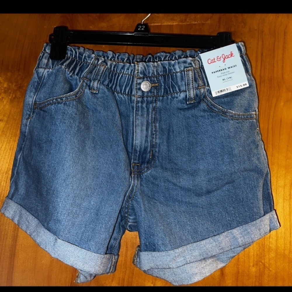 Cat & Jack Denim Shorts XL 14 Blue Paperbag Waist High Rise EasySnap Closure new